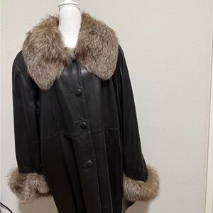 Women's Black Leather Coat with Fur Trim